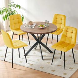 5 Pieces Dining Table Set for 4, 37" Round Kitchen Table Set, Thick MDF Tabletop with 4 Yellow Velvet Dining Chair, Mordern Dining Room Set for Coffee