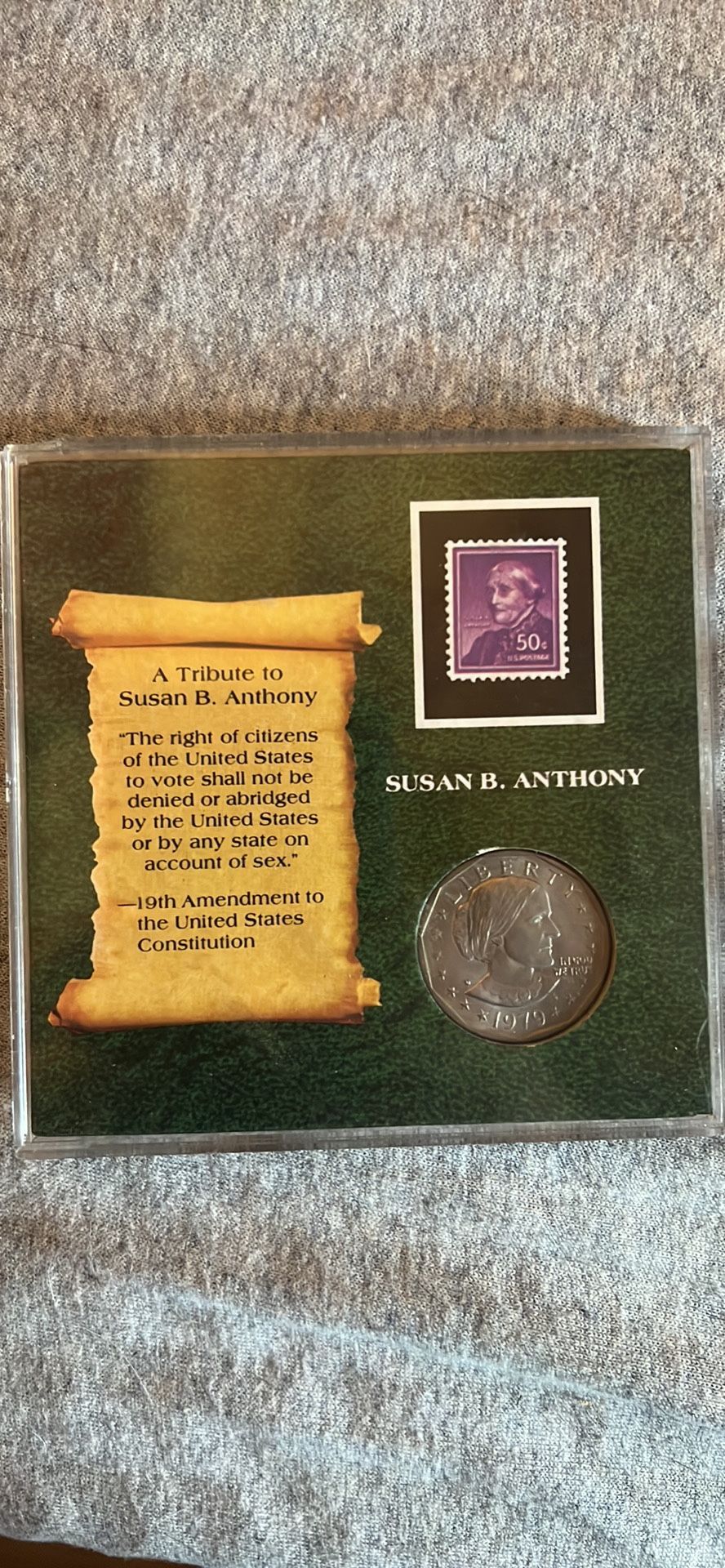 Susan B. Anthony collector coin and stamp, And a beautiful Susan B Anthony tribute