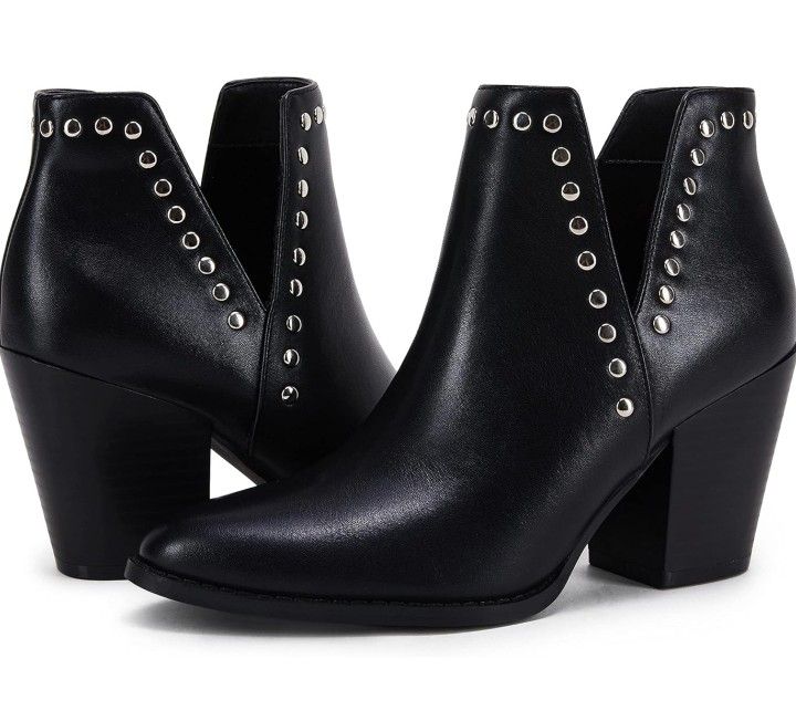 Brand New Size 6 1/2 0Rilista Women Ankle Boots Cutout Pointed Toe Chunky Block Mid Heel Slip on...