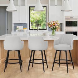Set of 3 Swivel Bar Stools, 26" Counter Height Bar Stools, Fabric Upholstered Barstools, Light Gray