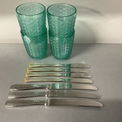 Turquoise Glass Tumblers Embossed Houndstooth Pattern~Set of 4 With Utensils 