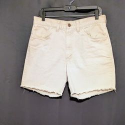 Shorts Woman's Levi Denim Tan Shorts Waist 32" No Size Tag Fringed Bottom