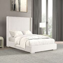 WHITE FUR CHENILLE FABRIC QUEEN SIZE BED FRAME