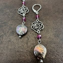 Chic 925 Silver  Paua Shell Black Pearls and Pink Rose Dangle Earrings