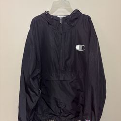 Champion Black Hooded Windbreaker Pullover Jacket – Lightweight Athletic