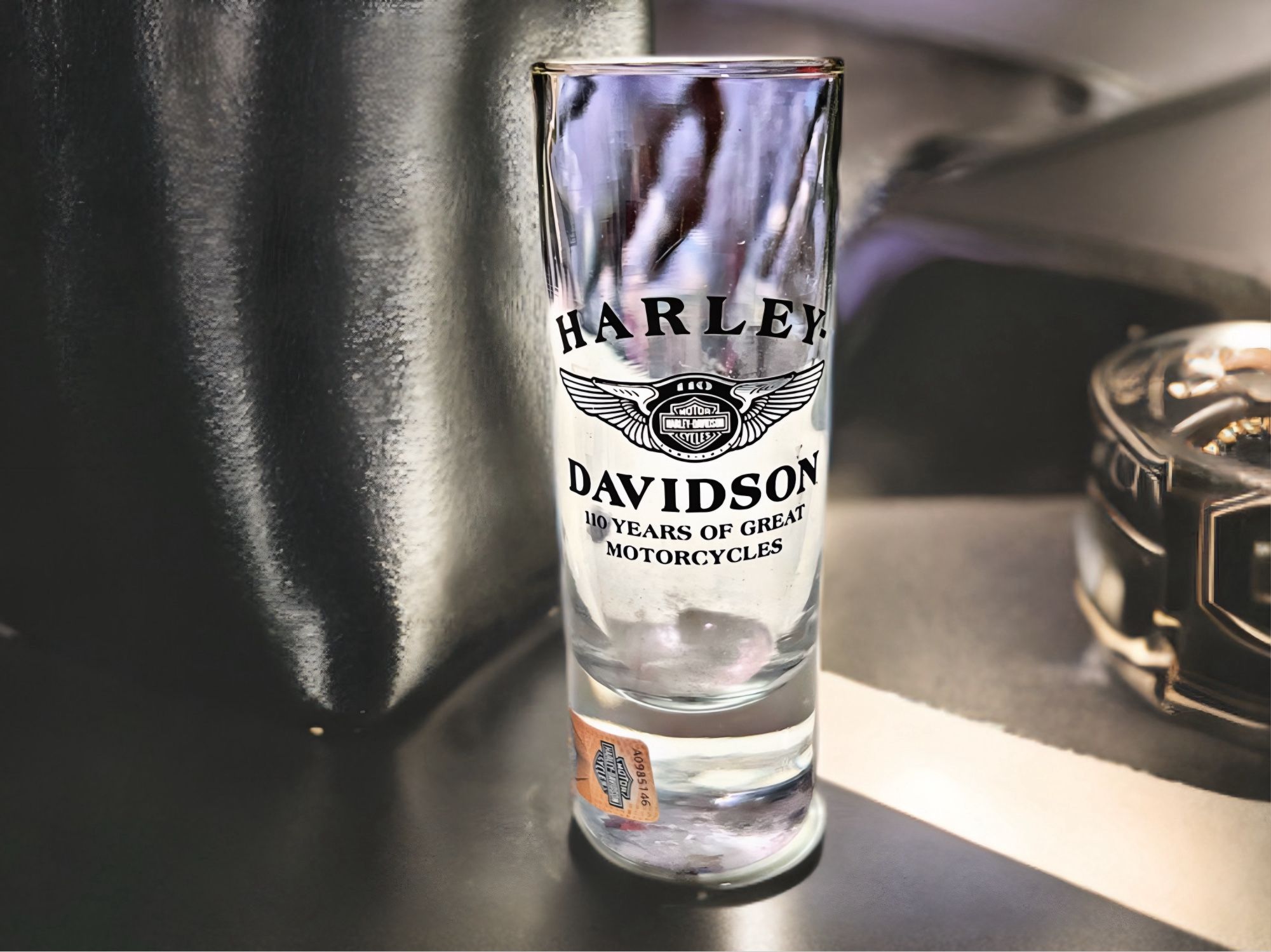 Harley-Davidson 110 Years Tall Shot Glass – Motorcycle Collectible Barware
