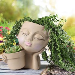 Face Planter Pot - Double Flower Pots in One for Indoor Outdoor Plants Resin Head Planter
