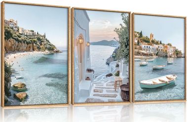 Large 3-Piece Coastal Mediterranean Framed Wall Art Set – 24” x 36” Each