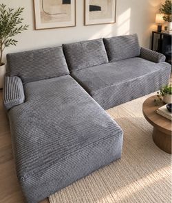 Gray Corduroy L-Shaped Sectional Sofa