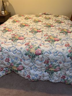 King Chic Floral Bedding Set — Quilted Comforter, Ruffled Shams, Bed Skirt + 2 Matching Drapes