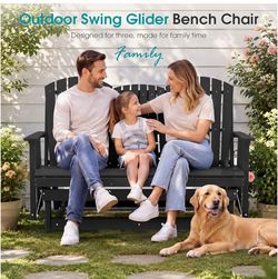 SERWALL 3 Seat Porch Glider Bench with Cup Holdersi and Pad Placement,Black Oversized 66"HDPE Patio Glider Bench, 3 Seat glider, All Weather Patio Gli