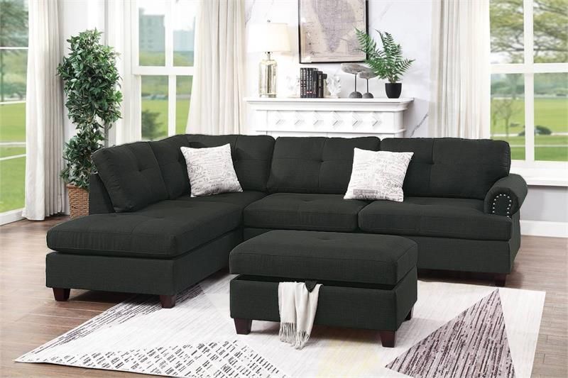 3 Pieces Reversible Sectional Sofa Set W/ Ottoman- Ash Black Color
