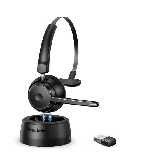 Bluetooth Headset, Wireless Headphone with AI Noise-Canceling Microphone for Computer, On Ear Bluetooth Headset with USB Dongle for Office Call Center