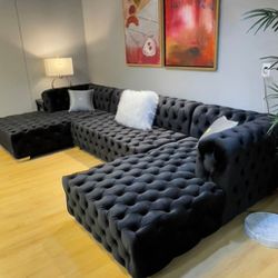 Glam Chesterfield style Tufted Design Black Velvet Sectional Couch With Double Lounge Chaise ⭐$39 Down Payment with Financing ⭐ 90 Days same as cash