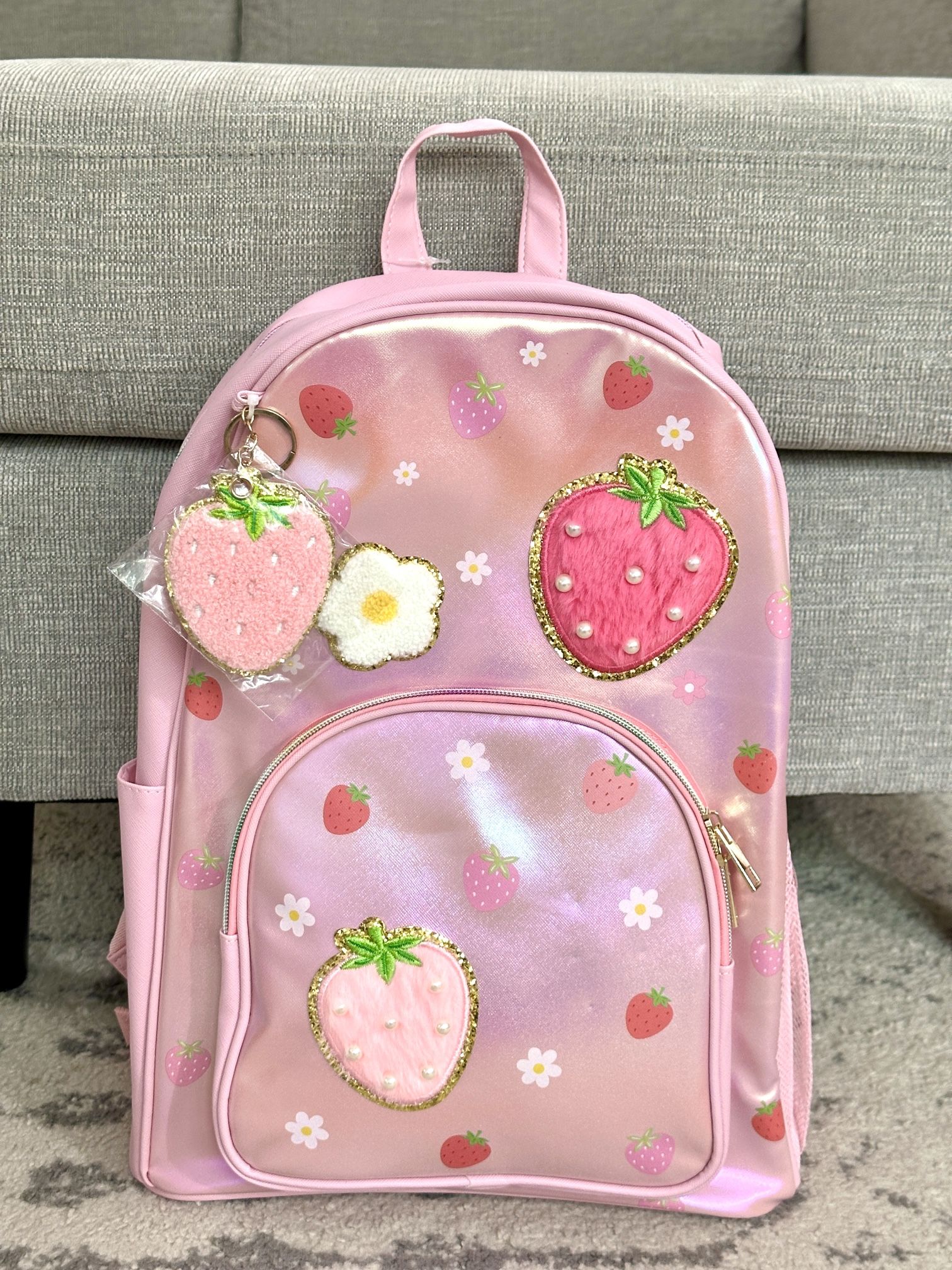 Pink Strawberry Backpack + Fuzzy Strawberry Keychain