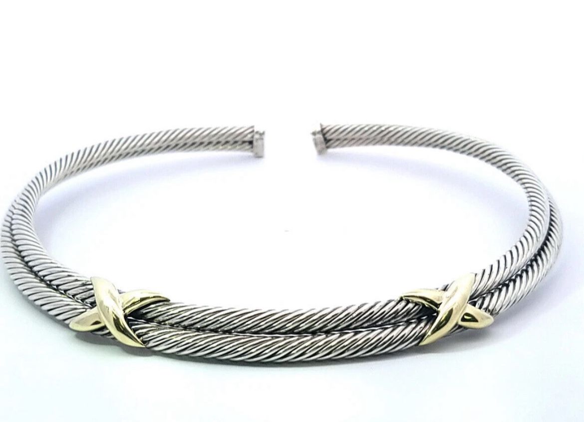 Silver 14K Gold Double X Cable Choker Collar Necklace $45