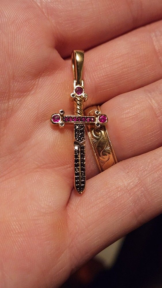 Traxnyc Natural Black Diamond & Ruby Sword Pendant