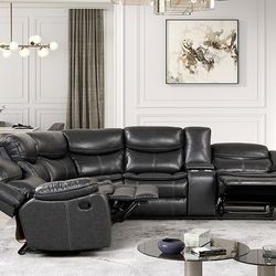 Dark Grey Breathable Leatherette Couch Sofa Recliner With Cup Holders & Console
