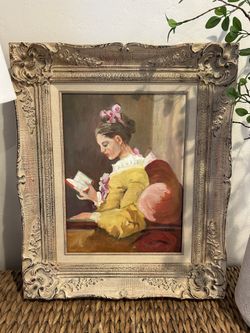 Vintage France Oil Painting Framed Mid Century Wall Art Women Reading Retro Romantic Cottage Granny Chic