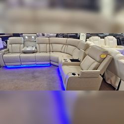 Power recliner Beige color breathing leather sectional sofa LED USB Wireless chargers