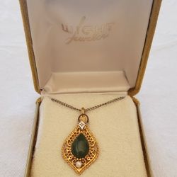 Necklace Pendant Goldtone Pearl? Jade? Diamond? Costume Jewelry READ BELOW