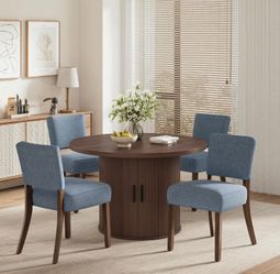 Walnut Dining Table with Blue Upholstered Chairs