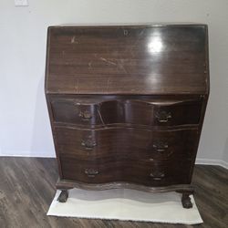Vintage Solid Wood Secretary Desk – Drop Front, Serpentine Drawers
