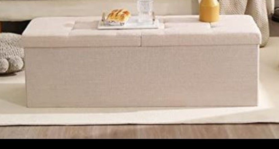 Shoe Storage Ottoman With Foldable Lid Upholstered Linen Fabric, BEIGE
