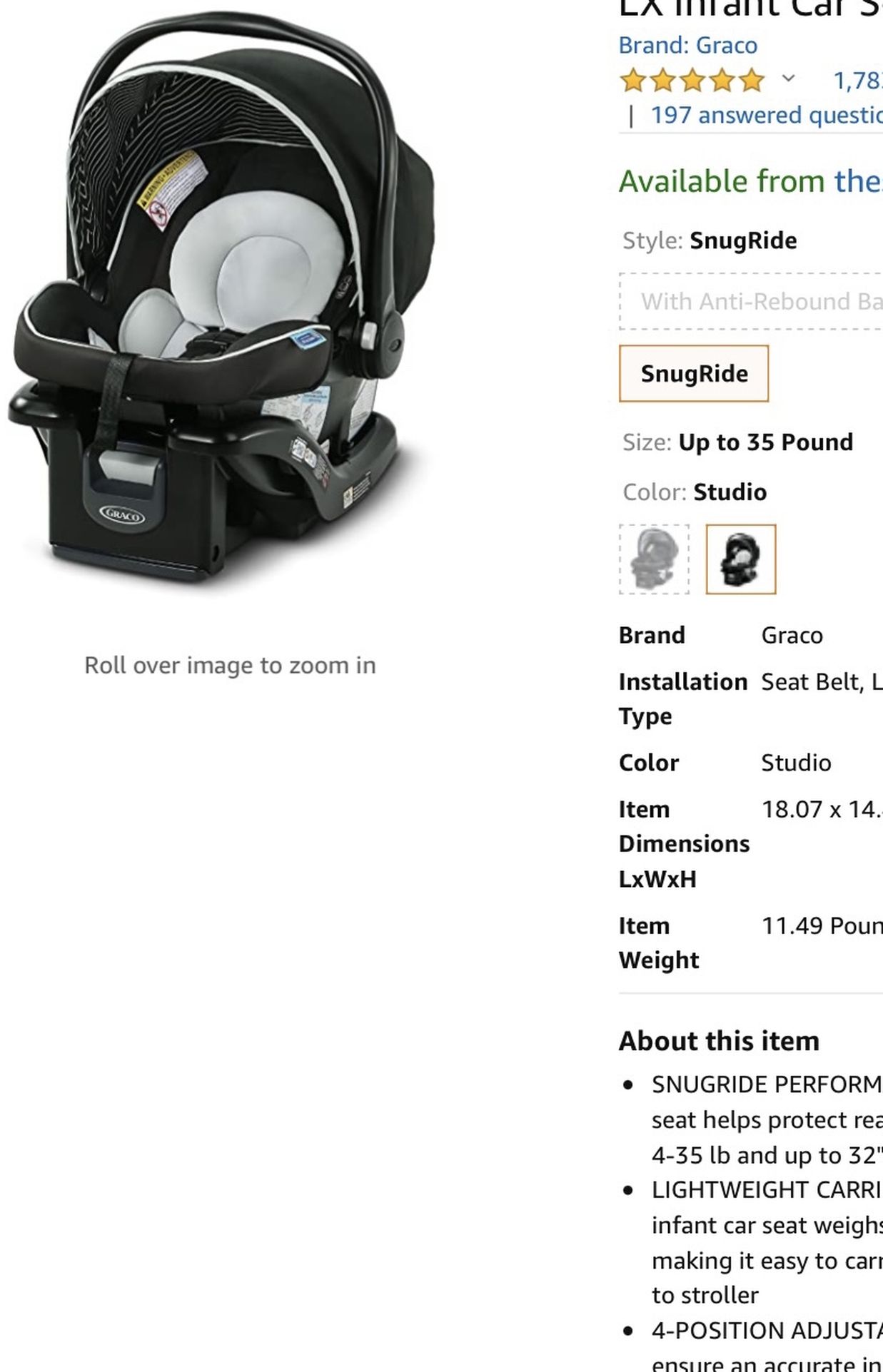 Graco SnugRide 35 Lite LX Infant Car Seat, Owned Less Than 7 Months