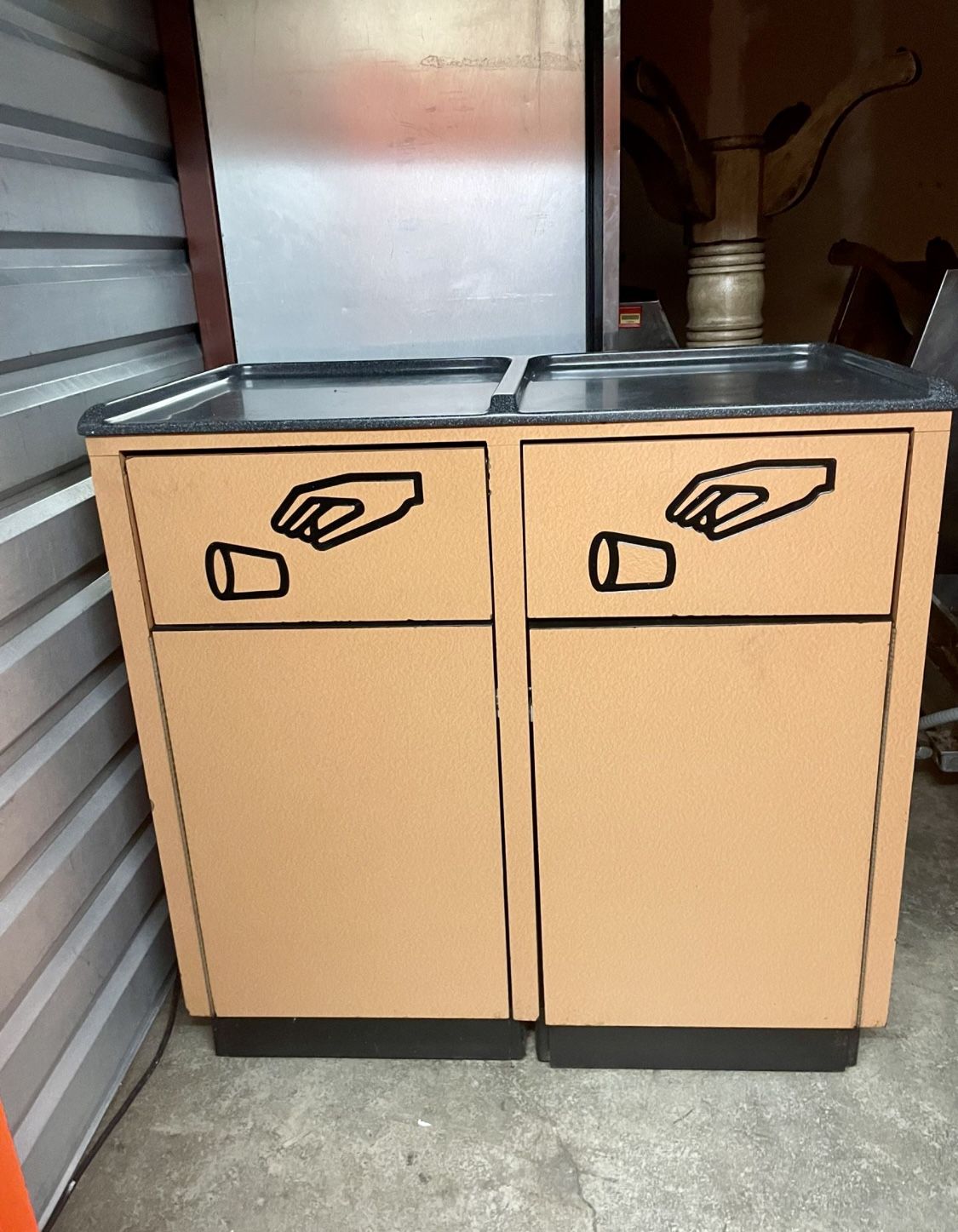 Commercial Trash Receptacle For (2) 36 Gallons Bins, Tray Shelves, Throw Away Symbol 