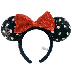 Disney Parks Minnie Mouse Ears White Hearts in Black Sequined Headband