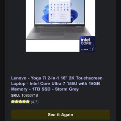 Lenovo - Yoga 7i 2-in-1 16" 2K Touchscreen Laptop - Intel Core Ultra 7 155U with 16GB Memory - 1TB SSD - Storm Grey