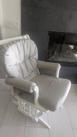 White Wood Glider Chair with Gray Cushions