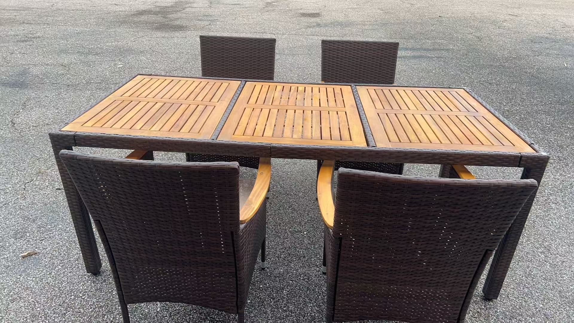 5 piece out door patio dining set brown 75”x35” table and four chair