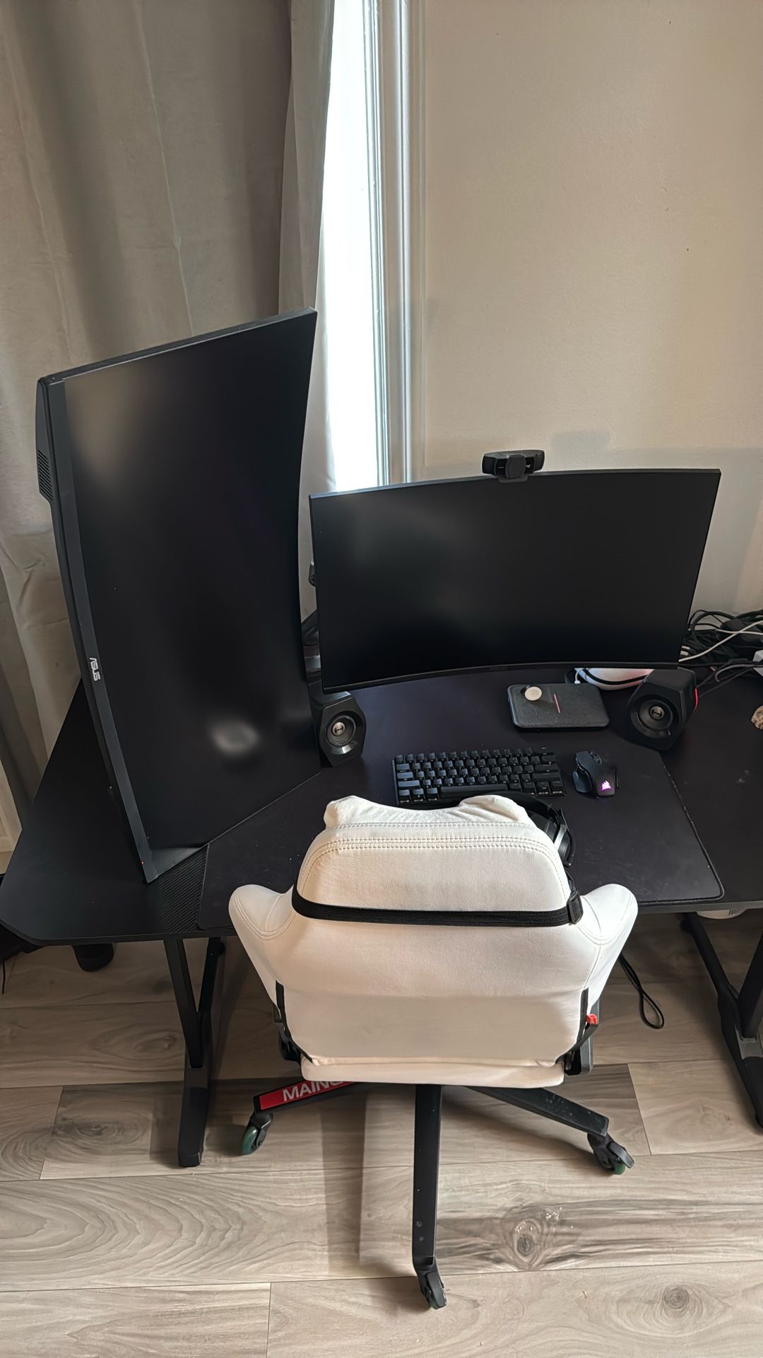 Monitors desk, headset, speakers, chair, mouse, and keyboard. Everything must go.
