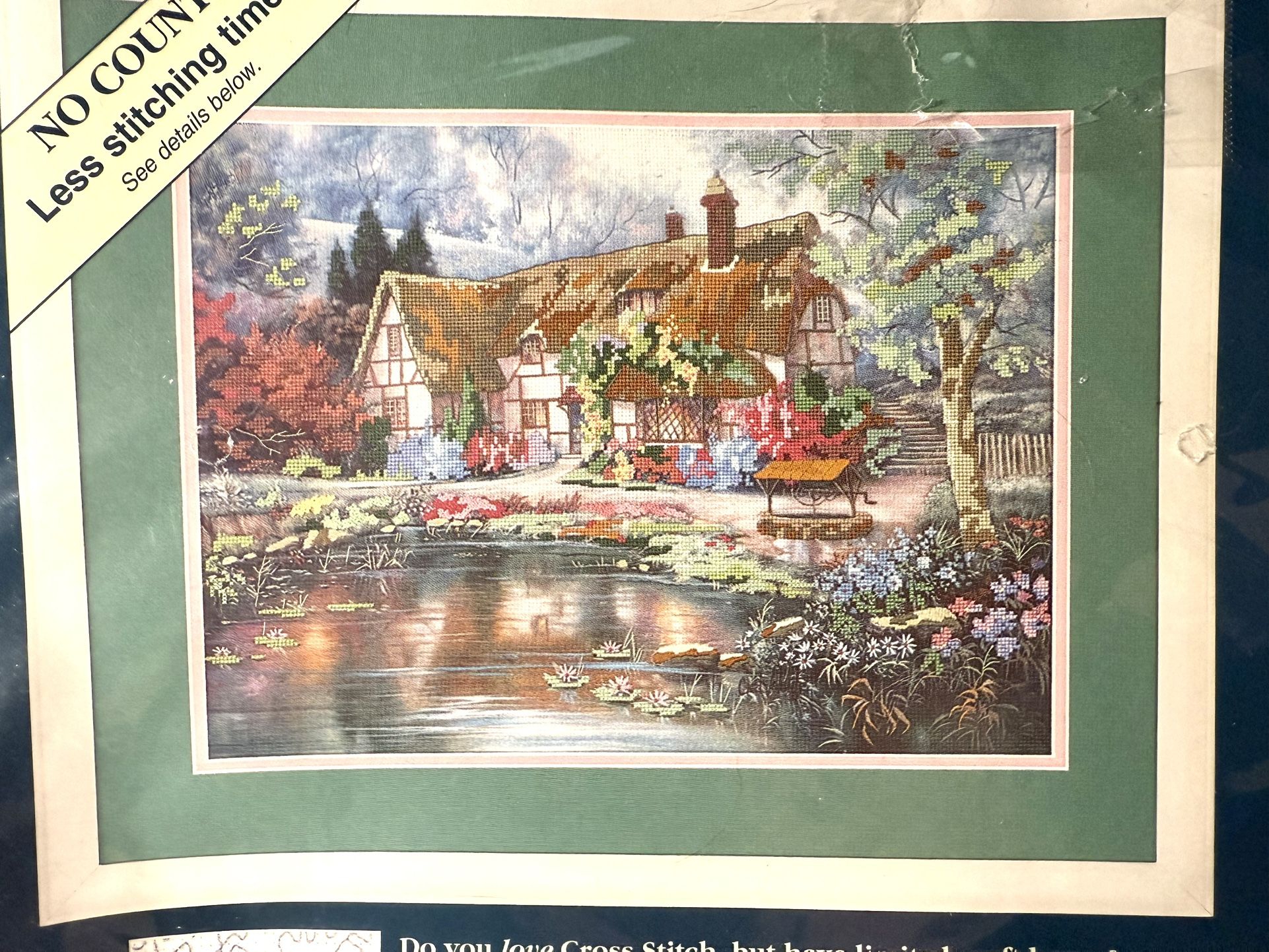 Vtg Needlework Kit Sunset No Count Cross Stitch English Cottage Twilight at Woodgreen Pond by Carl Valente 