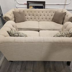 Beige Tufted Chesterfield Sofa & Loveseat Set