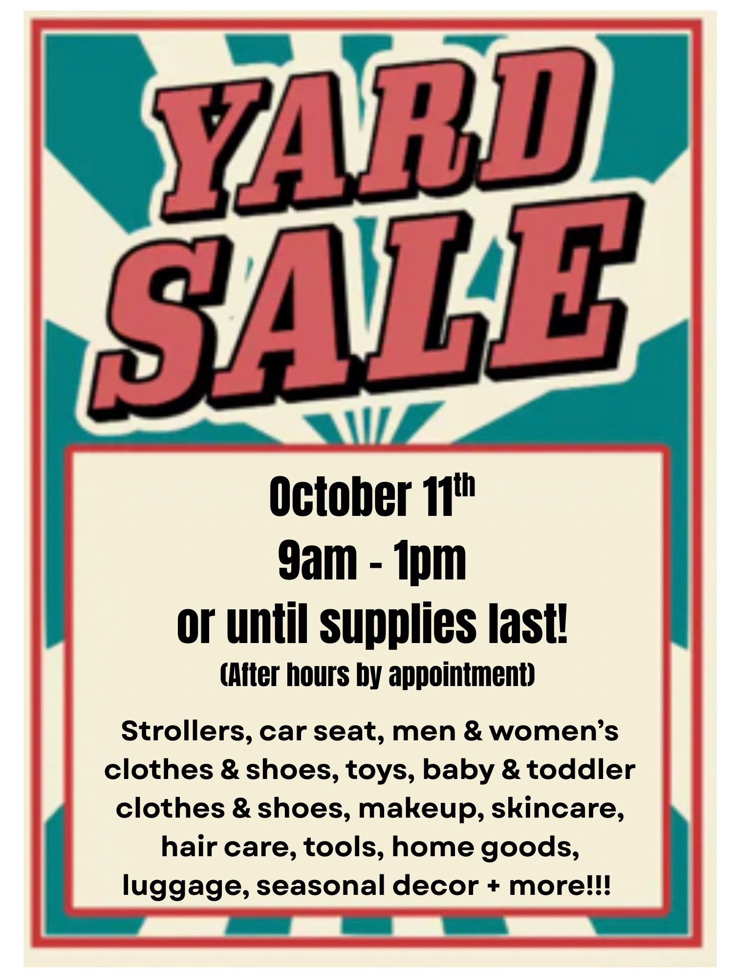 YARD SALE!!! 10/11/25