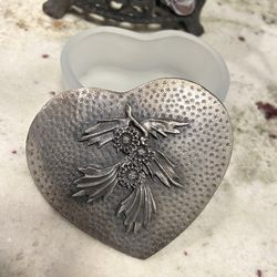 Vtg Frosted Glass Heart Shape Ring Box with Pewter Lid Raised Design