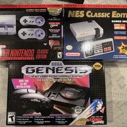 Sealed NES Classic Edition, Super Nintendo Classic Edition, SEGA Genesis Mini