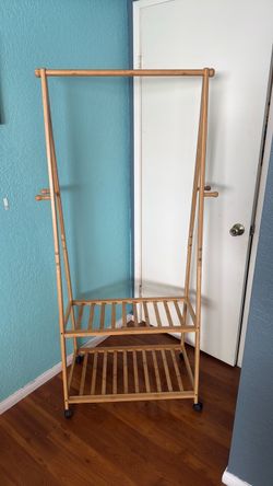 Bamboo Rolling Garment Rack with 2 Shelves