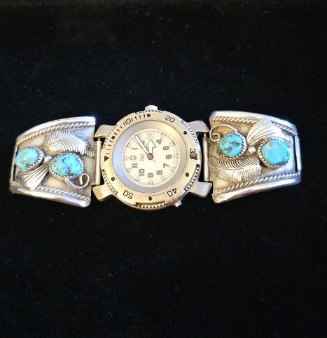 Men's Turquoise & Sterling Silver Band With Swiss Army Watch