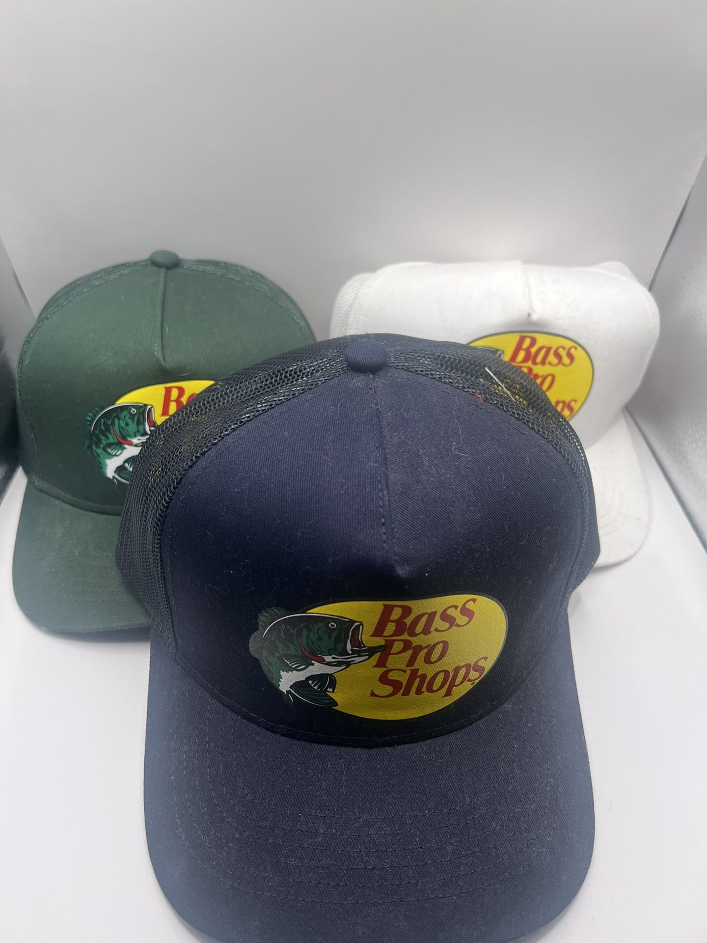 3 BASS PRO SHOP HATS “ SNAPBACK” *LIGHTLY USED” White , Blue , GREEN