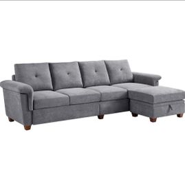 4 Seater Couch With Movable Ottoman, Modern Polyester Fabric Upholstery Washable Couch with 2-in-1 Cup Holder, Light Grey