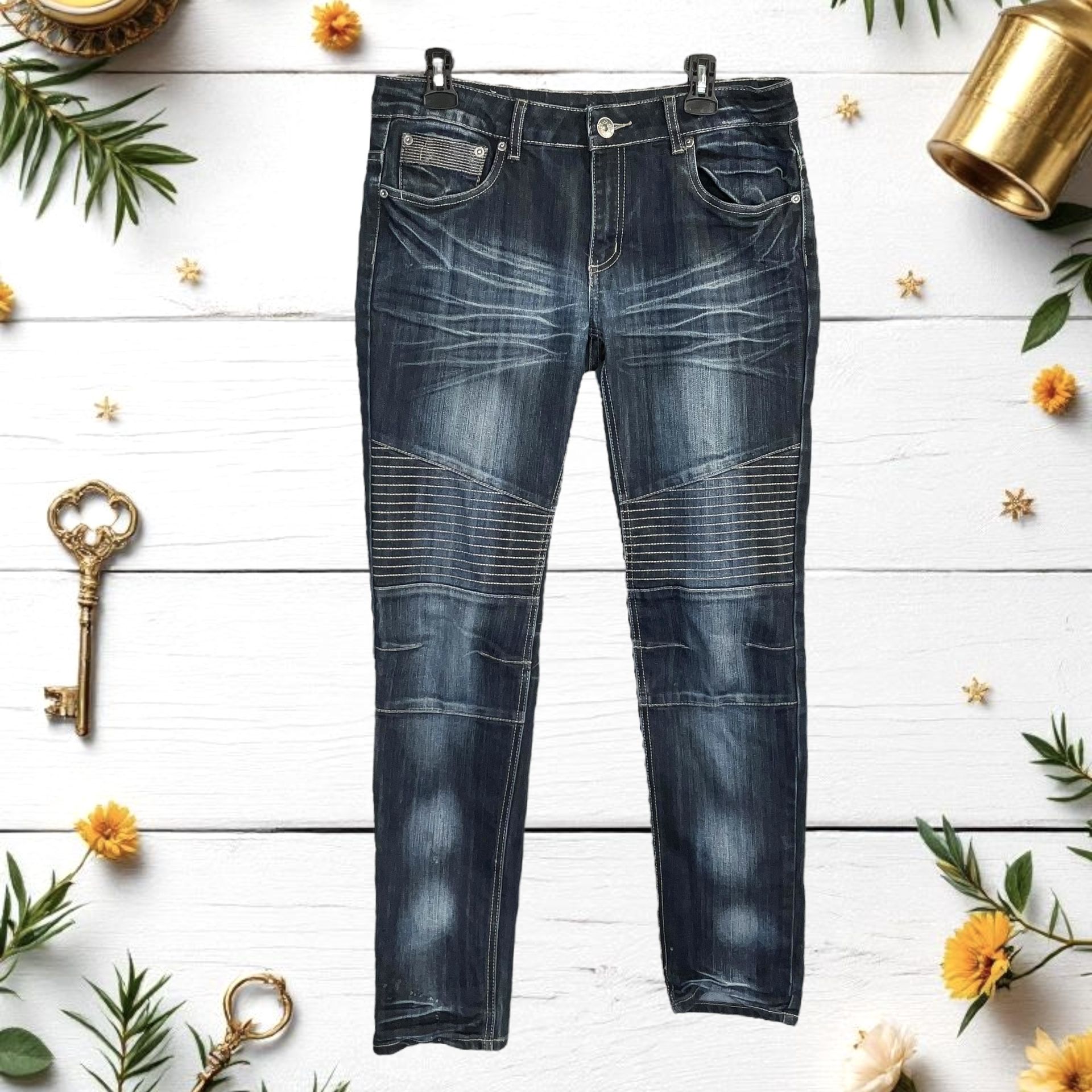 Touch Me Retro Dark Blackish Navy Faded Ripped Stressed Jeans Contrast Tan Stitching Women Sz 14