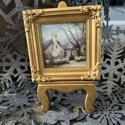 VTG Thomas Kinkade Morning Glory Cottage Miniature Frame 4X4” & Easel 6.25” Tall