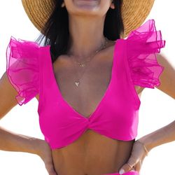 Sporlike Pleated Ruffle Sleeve SwimTop SMALL 