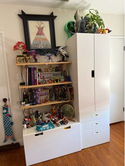 IKEA cabinet + chest and floating shelves