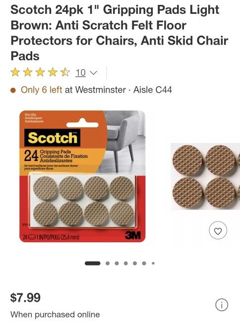 Scotch 24pk 1" Gripping Pads Light Brown: Anti Scratch Felt Floor Protectors for Chairs, Anti Skid Chair Pads