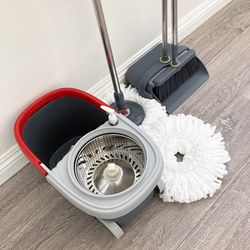 (Brand New) $35 (Combo Set) Broom Dustpan & Spin Mop Wheels Extended Handle with 2pc Microfiber Mop Heads 